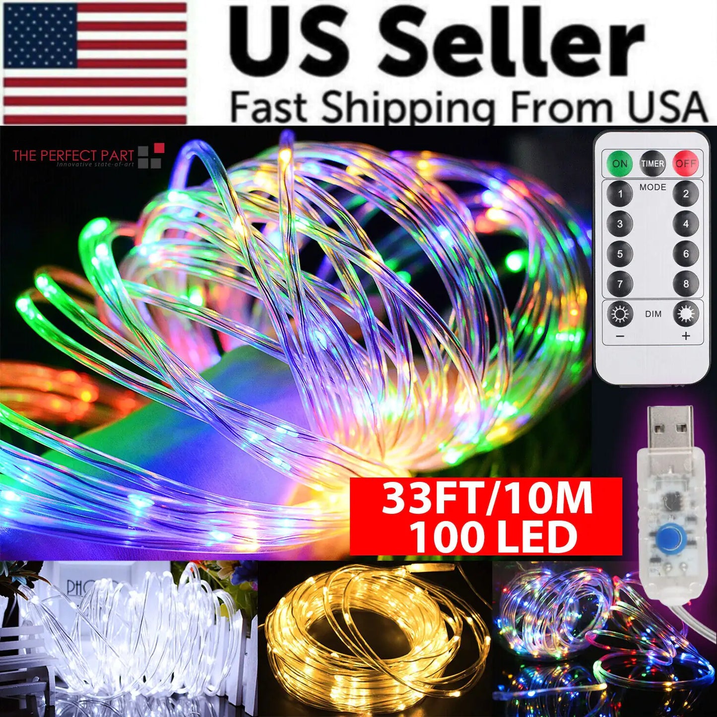 33FT 100 LED Rope String Lights